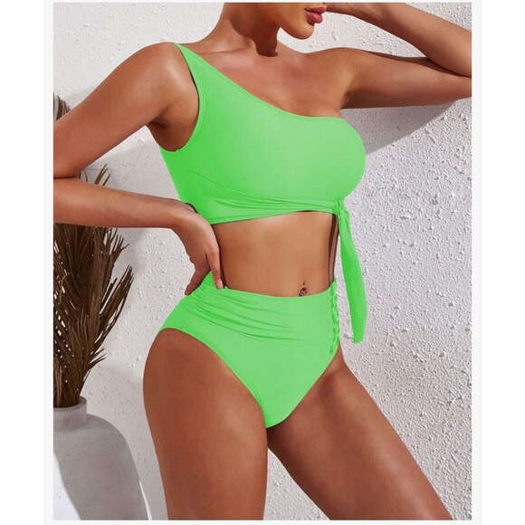 One Shoulder High Waisted Bikini Set Two Piece Tie High Leg Swimsuit green Small - Picture 4 of 13